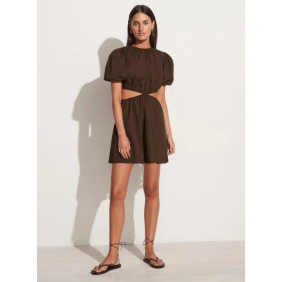 Faithfull the Brand Dresses & Skirts - Faithfull the Brand Adelfia Cut Out Dress Size 4 Chocolate Brown Puff Sleeves